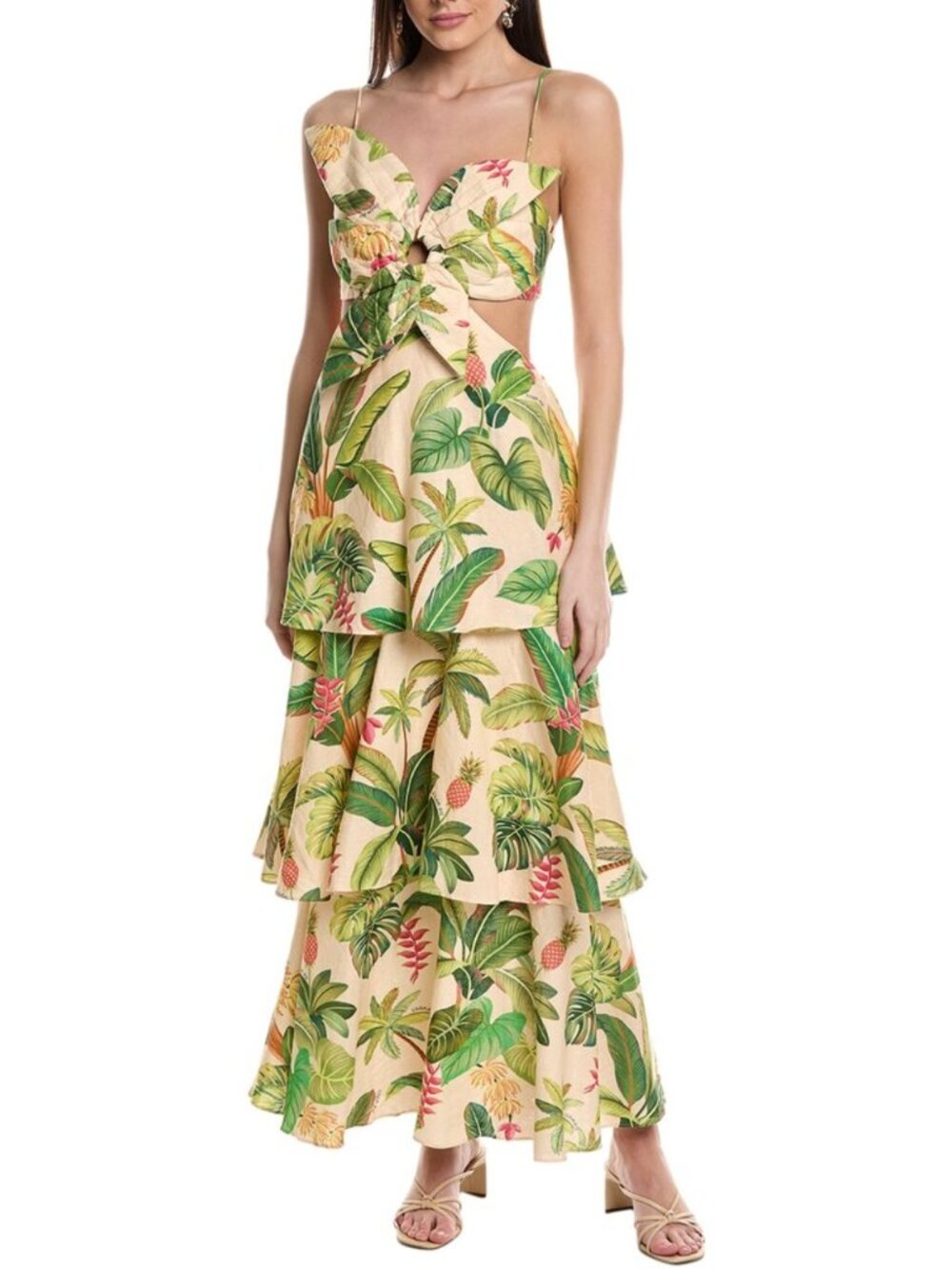 NWT FARM Rio Fruit Forest Linen Blend Maxi Dress XL Tropical Cutout Ruffle Sand - Picture 5 of 11